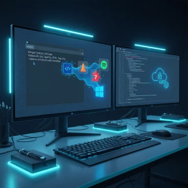A dual-monitor workstation bathed in blue neon light, displaying code and security graphics.