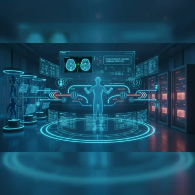 A futuristic lab with a glowing holographic human and neon data interfaces.