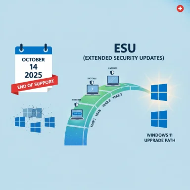 Graphic shows Windows Extended Security Updates and a Windows 11 upgrade path, ending Oct 14, 2025. Graphic shows Windows Extended Security Updates and a Windows 11 upgrade path, ending Oct 14, 2025.
