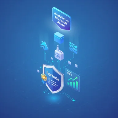 Futuristic illustration of Microsoft Azure analytics featuring a Fortude shield and data visuals.