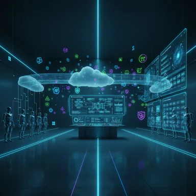 Futuristic control room with holographic data displays, cloud icons, and android figures in neon blue.