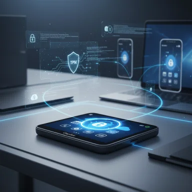 A smartphone on a desk surrounded by futuristic holographic security panels and a TPM shield.