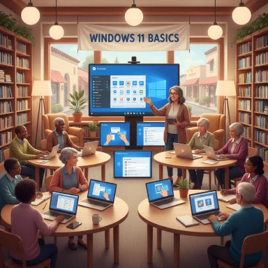 A diverse group of seniors in a library learn Windows 11 basics with a presenter.