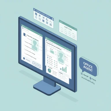 Isometric computer monitor displaying dashboards and an Office Agent bubble.