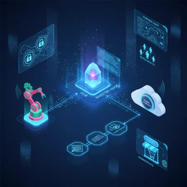 Futuristic holographic hub linking cloud, robotics, identity, and marketplace.