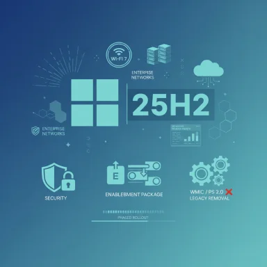 Infographic illustrating Windows 25H2 enterprise networks with security, enablement package, and legacy removal.
