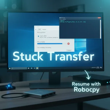 Windows desktop displays “Stuck Transfer” with a “Resume with Robocopy” prompt.