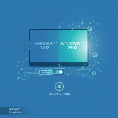 Futuristic Windows 11 upgrade screen showing 24H2 vs 25H2, with a restart to finalize.