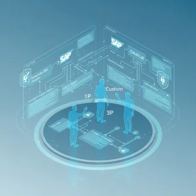 People stand on a futuristic circular platform, interacting with holographic SAP/Oracle data dashboards.