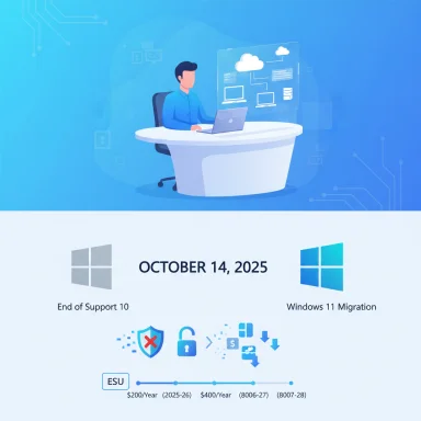 IT professional at a desk with cloud visuals; Windows 10 end of support, Windows 11 migration on Oct 14, 2025.