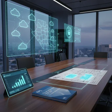 Futuristic conference room with holographic screens displaying maps, data, and blueprints around a wooden table.