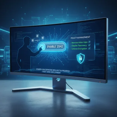 Futuristic monitor with a blue holographic UI showing ENABLE 25H2 and policy management checklist.