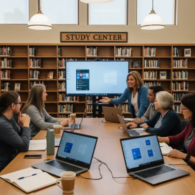 A diverse group of adults sits around a library study table, watching a presenter by a large screen.