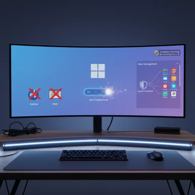 Curved ultrawide monitor on a desk displaying a Windows-style startup screen with a glowing light bar.