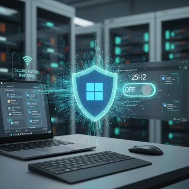 A futuristic data center scene featuring a glowing shield and holographic security interface.