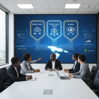 A diverse team discusses near a large tech infographic mural in a modern conference room.