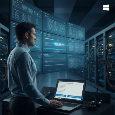 IT professional monitors wall-sized dashboards in a data center server room.