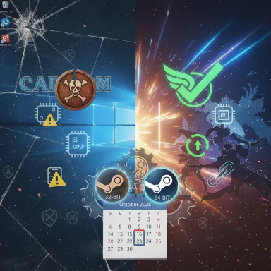 Split-screen gaming wallpaper: Windows left, sci‑fi right, featuring Steam 32/64‑bit icons and an October 2025 calendar.