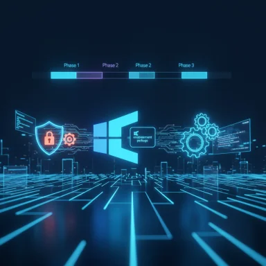 Futuristic cyber-tech scene with Windows logo, neon circuitry, gears, and a phased workflow diagram.