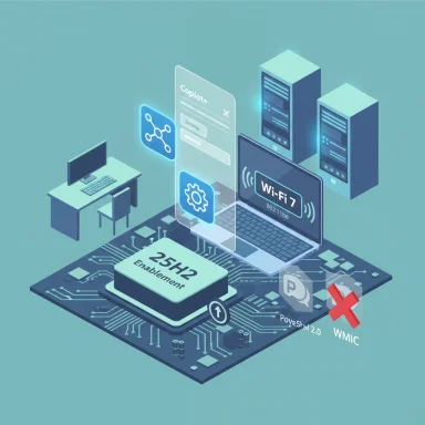 Isometric view of a circuit-board setup with a Wi‑Fi 7 laptop, servers, and a 25H2 Enablement chip.