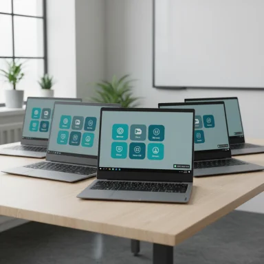 Several laptops on a wooden table in a bright office, each screen displaying turquoise app icons. Several laptops on a wooden table in a bright office, each screen displaying turquoise app icons.