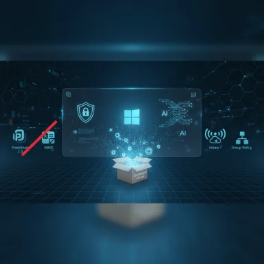 Futuristic cybersecurity scene with a glowing holographic UI and AI icons around a data box.
