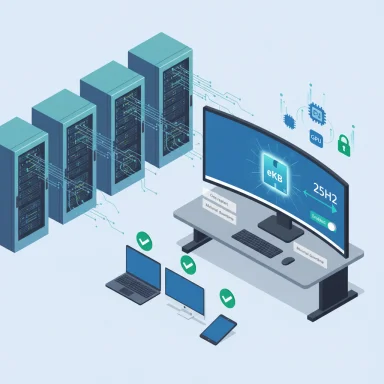 Isometric data center: servers connected to a workstation and multiple devices.