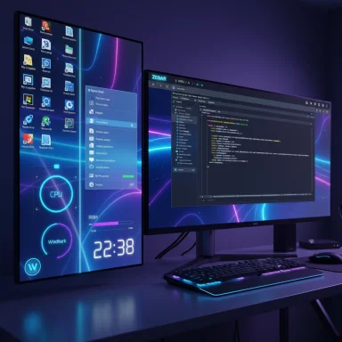 Neon-lit dual-monitor desk setup: a vertical portrait screen with futuristic UI beside a wide monitor showing code.
