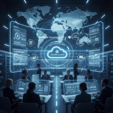 Futuristic control room showcasing Azure Cloud with global data dashboards.