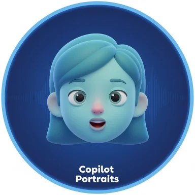 A 3D blue-skinned cartoon portrait inside a circular badge labeled Copilot Portraits.