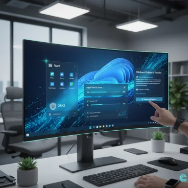 A person points at a large curved monitor displaying a futuristic Windows UI in a modern office.