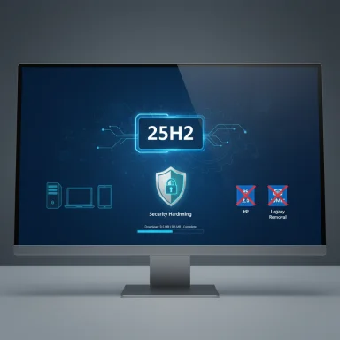 A desktop monitor shows a blue, high-tech security interface labeled 25H2 with a shield icon.