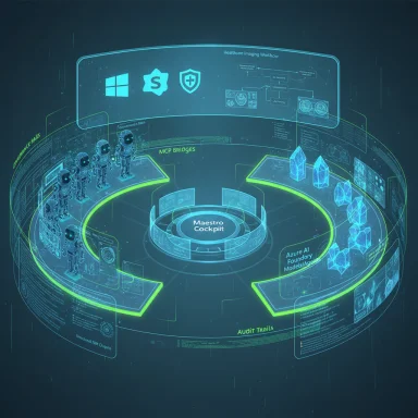 A futuristic holographic cockpit displays Maestro Cockpit with circular neon rings and AI dashboards.