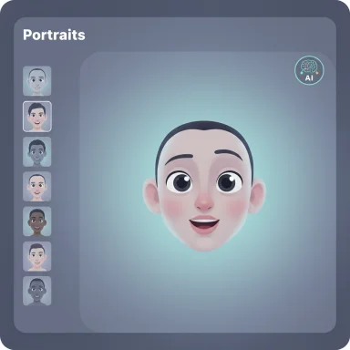 Portraits app screen showing a large cartoon head with a vertical strip of small avatar thumbnails.