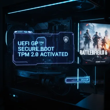 Inside a gaming PC, a blue holographic readout proclaims 'UEFI GP Secure Boot TPM 2.0 Activated.' Inside a gaming PC, a blue holographic readout proclaims 'UEFI GP Secure Boot TPM 2.0 Activated.'
