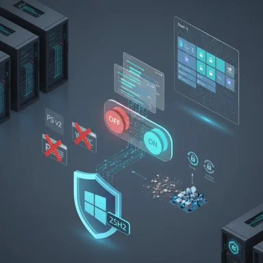 A futuristic data center with holographic ON/OFF controls and a glowing security shield.