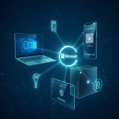 A glowing Microsoft network links laptop, mobile, tablet, and console.