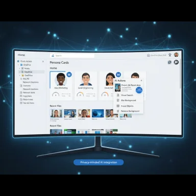 Curved monitor shows Persona Cards UI with AI actions, highlighting privacy-minded AI integration.