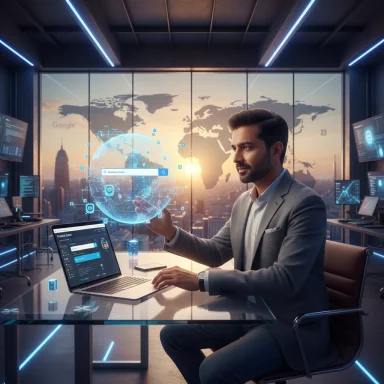 A businessman in a futuristic office uses a holographic globe while working on a laptop.