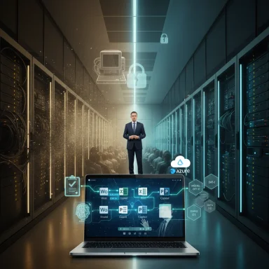 A businessman stands in a data center, with holographic cloud and data icons rising from a laptop.