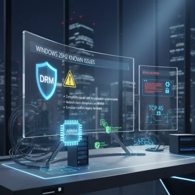 Futuristic workstation with holographic screens displaying Windows issues and a DRM shield.
