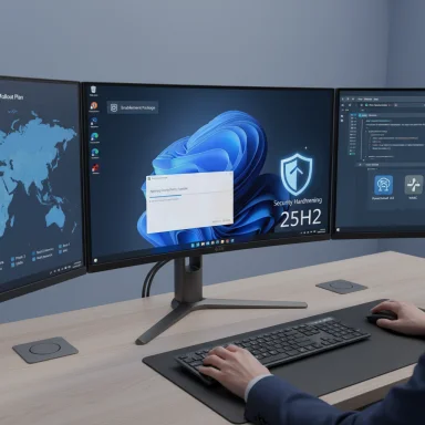 A three-monitor workstation displaying Windows 11 and security software.