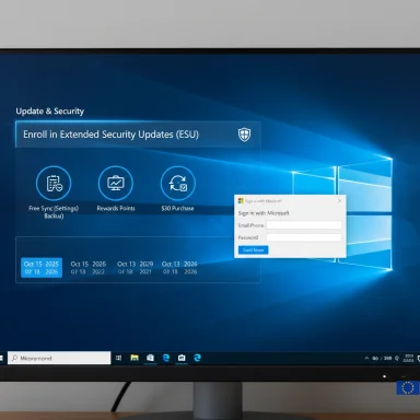 Windows 10 desktop shows an ESU enrollment prompt with a Microsoft sign-in window. Windows 10 desktop shows an ESU enrollment prompt with a Microsoft sign-in window.