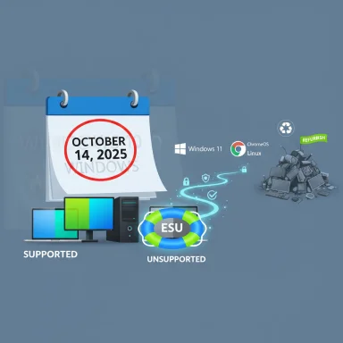 Calendar shows October 14, 2025 with Windows 11 and ChromeOS/Linux logos, ESU lifebuoy marks supported vs unsupported.