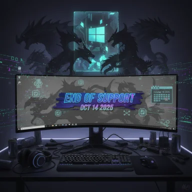 Curved gaming monitor shows End of Support on Oct 14, 2025 as dragon silhouettes loom in the background.