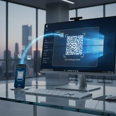 A desktop monitor displays a QR code to link a phone, mirrored by a smartphone.