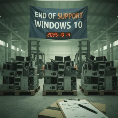 Warehouse full of stacked old PCs under a banner reading End of Support Windows 10, with a clipboard in the foreground.