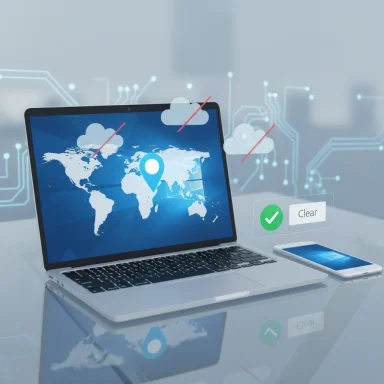 Laptop shows a world map with a location pin, surrounded by cloud icons and a smartphone.