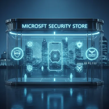 A futuristic neon-blue glass capsule housing a holographic Microsoft Security Store with digital shields.
