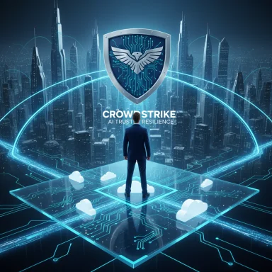A suited man stands on a glowing circuit platform above a neon city, beneath a CrowdStrike shield.